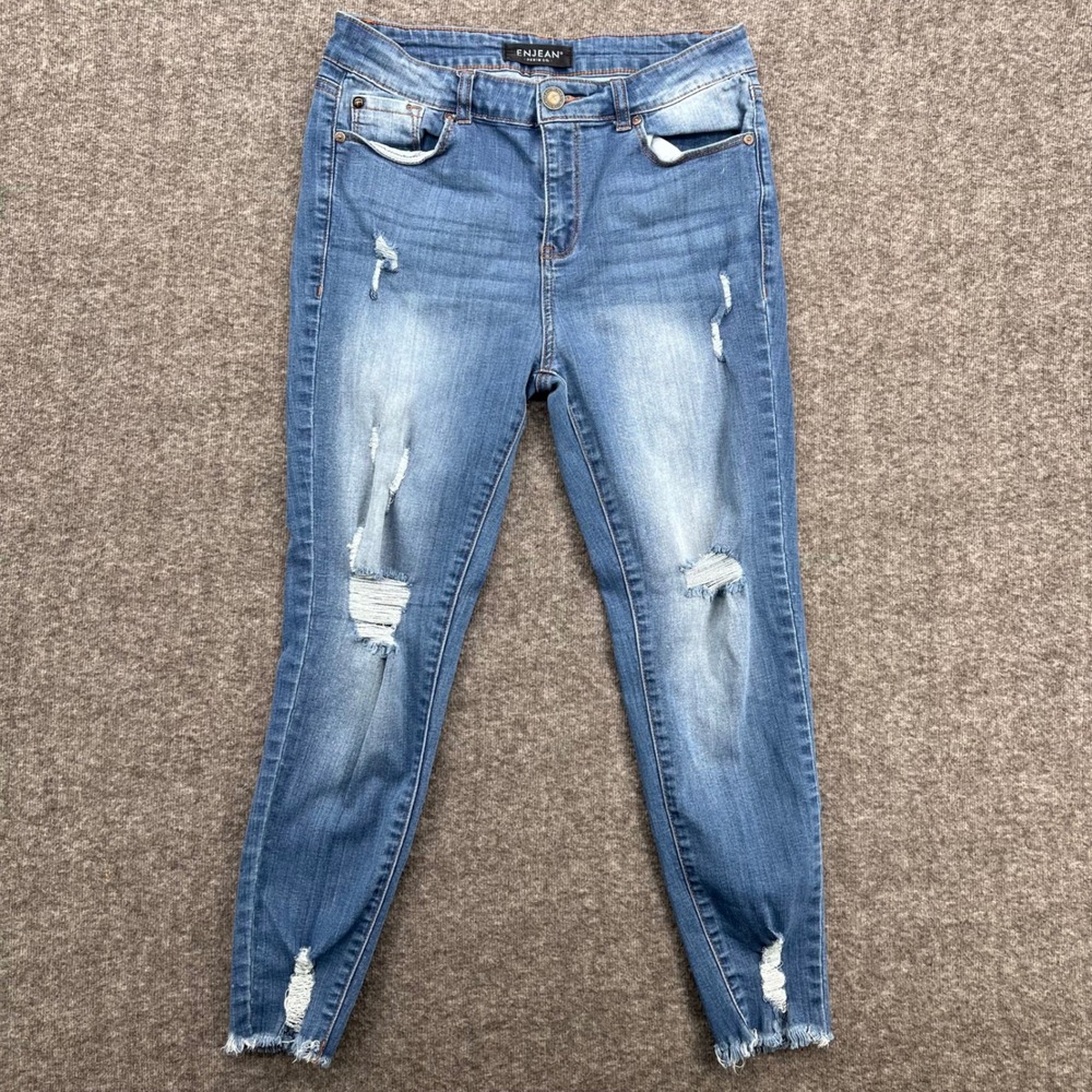 Enjean Women Medium Wash Distressed Crop Ripped Skinny Jeans Raw‎ Hem Size 11